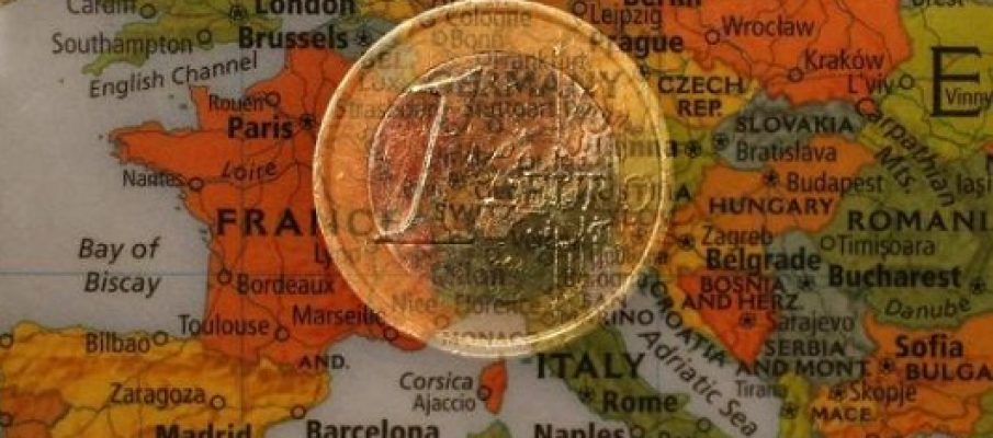 A picture illustration taken with the multiple exposure function of the camera shows a one Euro coin and a map of Europe Con i tuoi risparmi si tapperanno i buchi